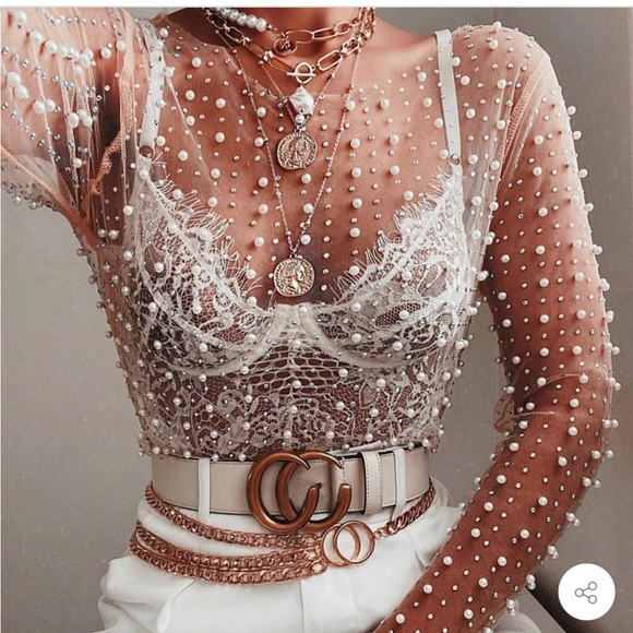 Beautiful mesh sheer diamond-pearl top with matching bralette (set) size L - Picture 4 of 8